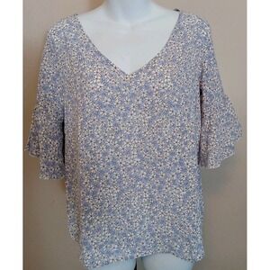 Sason Women‎ Lavender White Floral Bell Sleeves Chiffon V Neck Top Size S